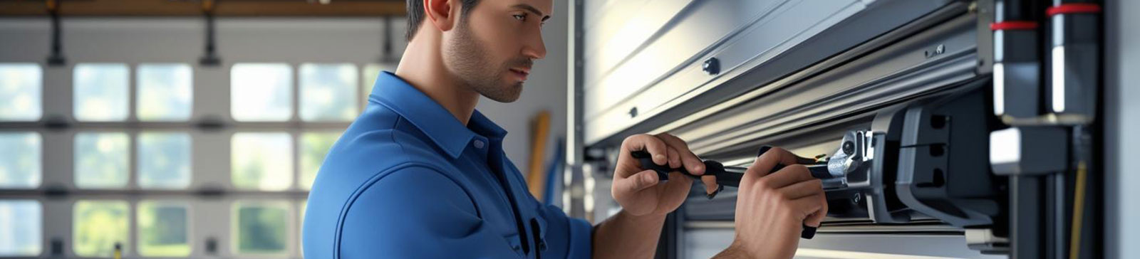 Technician installing and servicing a residential garage door system with tools in a Minnesota home garage