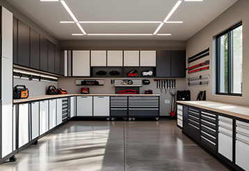 Spacious modern garage in Shakopee featuring custom cabinets, organized storage, and sleek workspaces