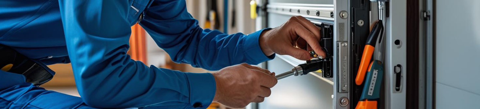 Technician in blue uniform performing regular maintenance on a residential garage door in Shakopee, MN