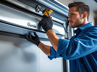 Professional installing a Genie garage door opener in a Shakopee home garage