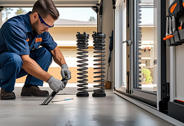 Garage door technician replacing torsion springs inside a residential garage in Shakopee, MN