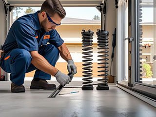Garage door technician replacing torsion springs inside a residential garage in Shakopee, MN