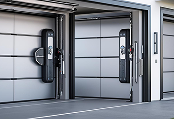 Three modern garage doors with integrated smart technology and security systems in a Shakopee home