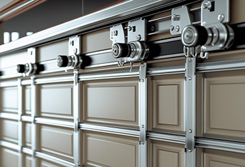 Detailed view of a beige sectional garage door with metal tracks and rollers in a modern garage