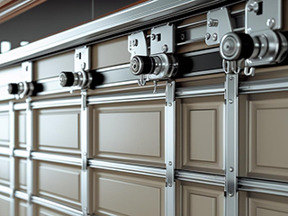Close-Up of Sectional Garage Door Tracks and Panels Detailed view of a beige sectional garage door with metal tracks and rollers in a modern garage