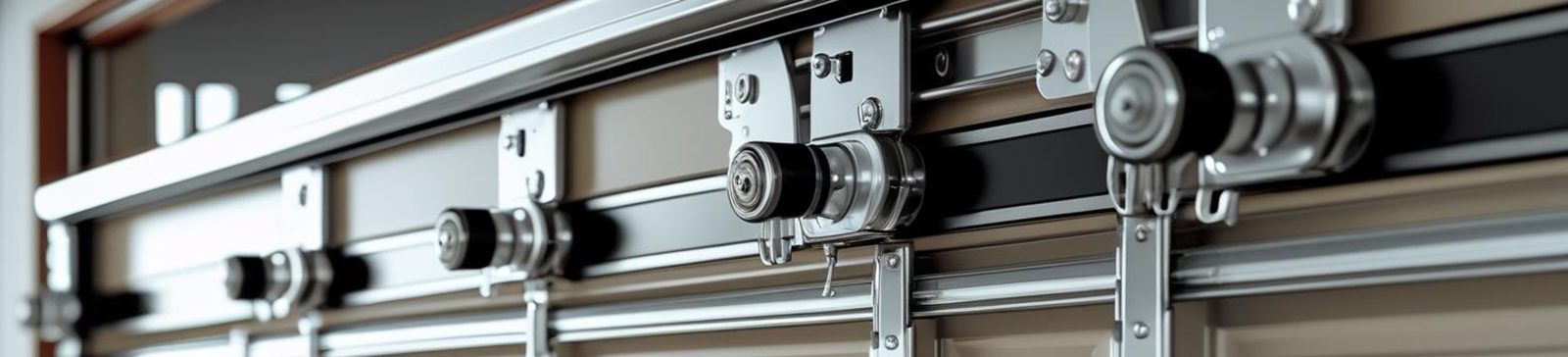 Detailed view of a beige sectional garage door with metal tracks and rollers in a modern garage