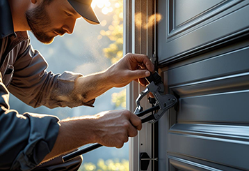 Professional technician using tools to adjust the spring mechanism on a residential garage door for proper alignment and safety