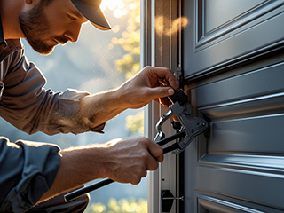 Professional technician using tools to adjust the spring mechanism on a residential garage door for proper alignment and safety