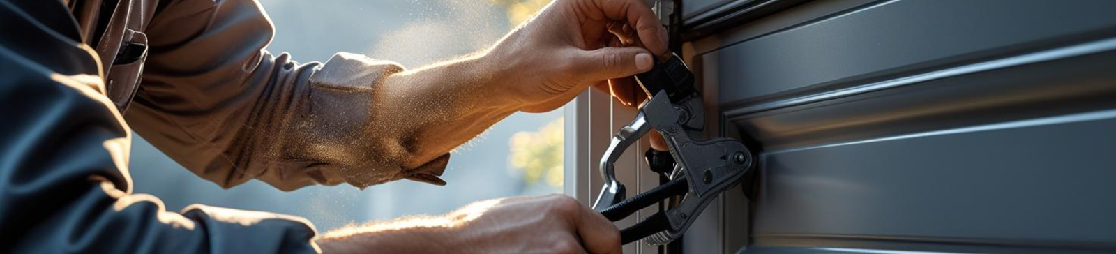 Professional technician using tools to adjust the spring mechanism on a residential garage door for proper alignment and safety