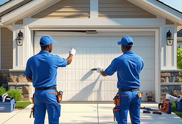 Two uniformed technicians installing a new white garage door on a suburban home driveway in Shakopee, MN