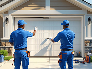 Two uniformed technicians installing a new white garage door on a suburban home driveway in Shakopee, MN